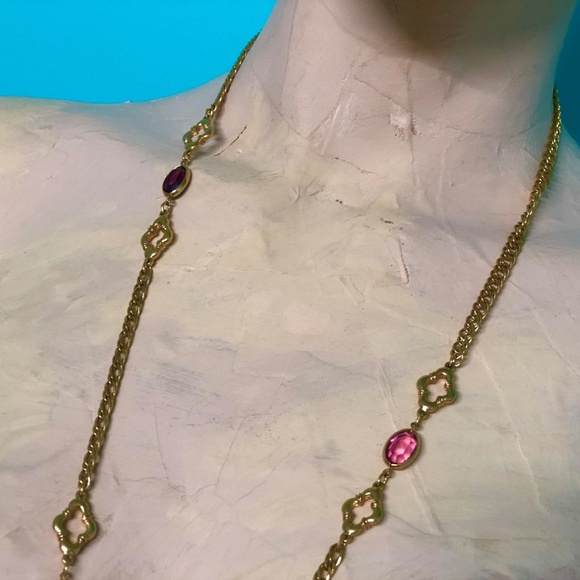 VTG 70s Gold Tone Dbl Curb Fancy Chain 36" Opera Length Necklace/Colored Stones - Picture 6 of 12